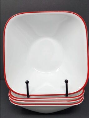 Set Of 4 Corelle Vitrelle Splendor 6.5" Square Cereal White Bowls Red Rim 22 Oz